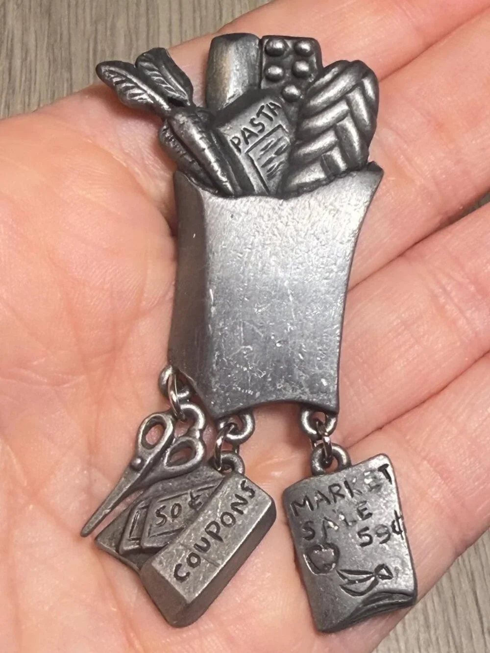 Vintage Grocery Bag Brooch Coupon Charm Dangle Silver Tone Pin 2.6